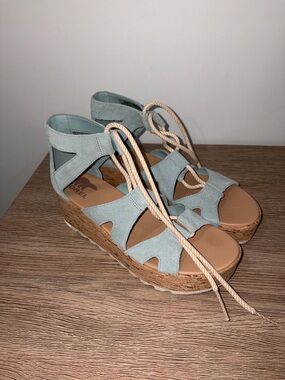 Sorel Wedge Lace-Up Sandals in Light Blue